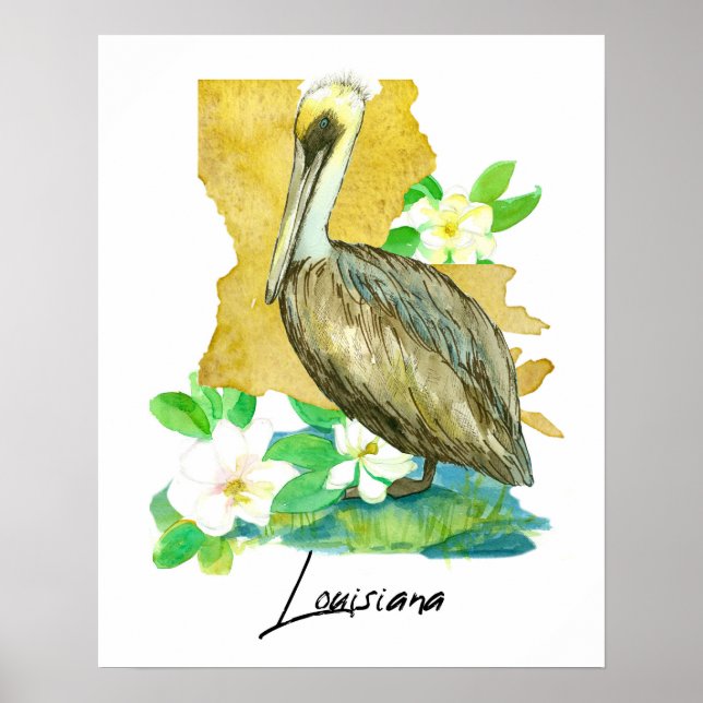 Louisiana Pelican Delstat Form Magnolia Blomma Poster (Framsidan)