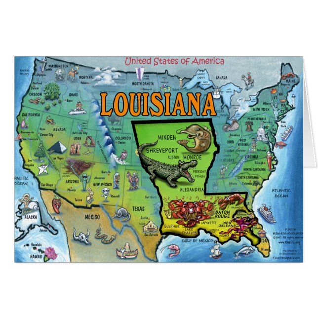 Louisiana USA Karta Hälsningskort (Framsidan Horizontal)