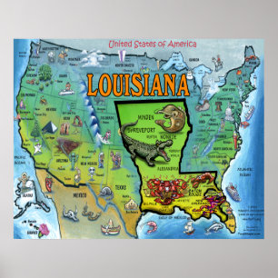 Louisiana USA Karta Poster