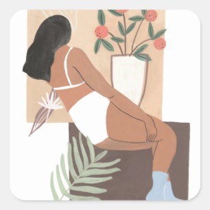 Lounging Woman Fyrkantigt Klistermärke
