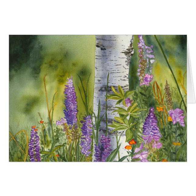 Loupins och Birch träd Hälsningskort (Framsidan Horizontal)