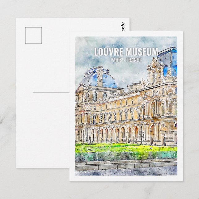 Louvre Musem Paris Frankrike Travel Watercolor Vykort (Fram/baksida)