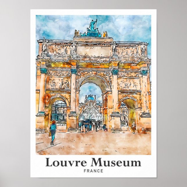 Louvre Museum Frankrike Watercolor Hand plockade Poster (Framsidan)