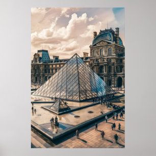 Louvre Museum i kvällens Oljemålning Poster