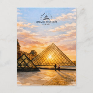 Louvre Museum Solnedgång Paris Frankrike Akvarel Vykort
