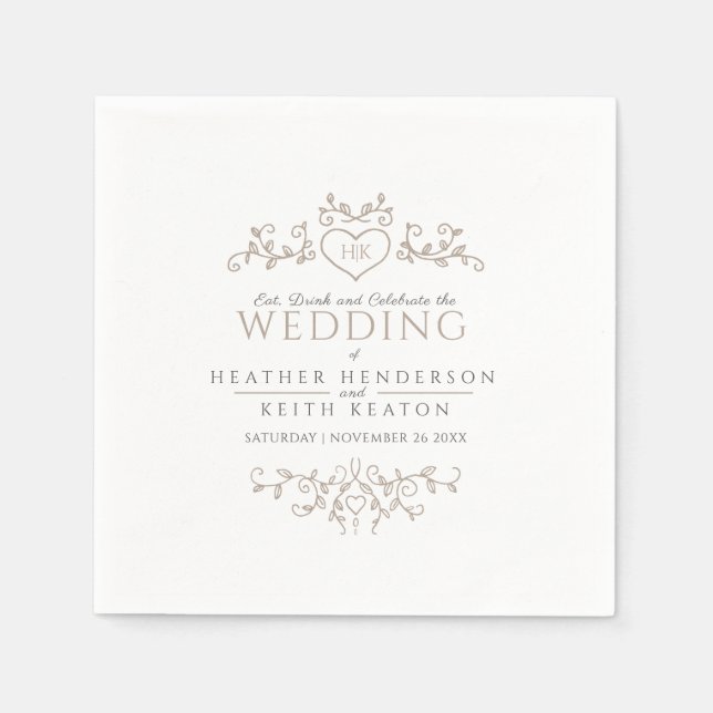 Löv art hjärtmonogram (bröllop) pappersservett (Framsidan)