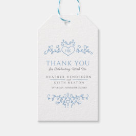 Löv art - monogram blått bröllop - tack presentetikett