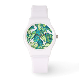 Löv av den tropiska Monstera- och Banana Blue-Grön Armbandsur