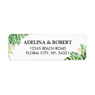 Löv av tropiska vattenfärger i modern elegant grön returadress etikett