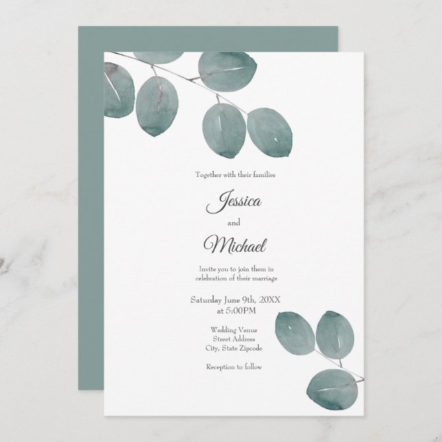 Löv av vattenfärgad Silver-dollar Eucalyptus Inbjudningar (Fram/baksida)