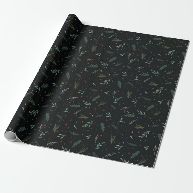 Löv Berries botaniska Black Presentpapper (Utrullad)