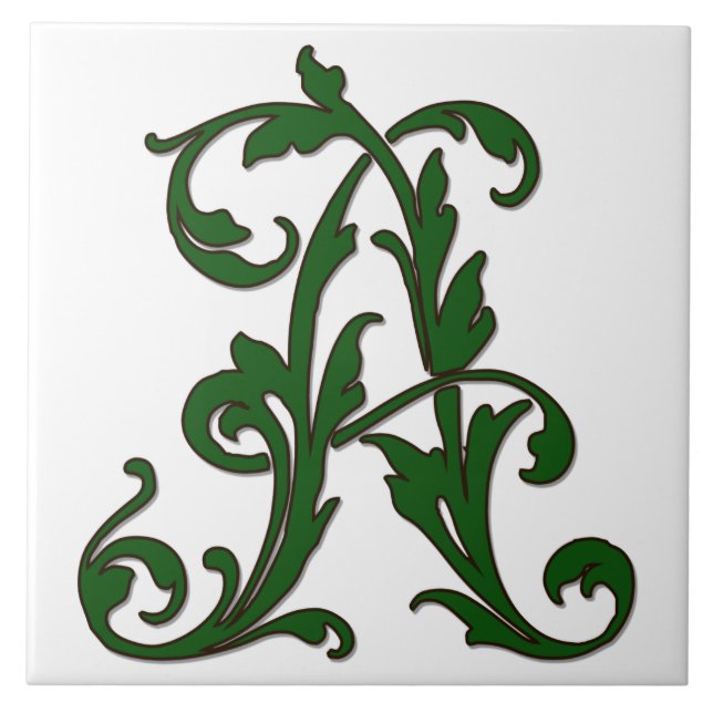 Löv Brev A i Grönt Monogram Tile Kakelplatta (Framsidan)
