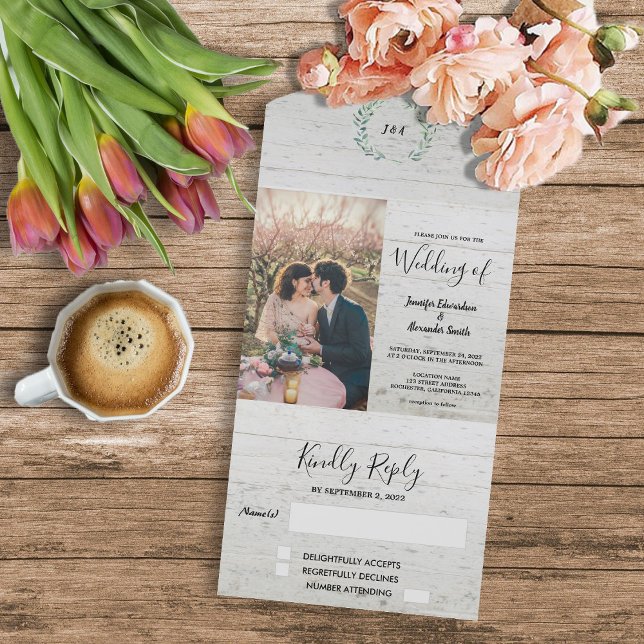 Löv Bröllop (Rustic wood watercolor leaves monogrammed photo all in one wedding invitation.)
