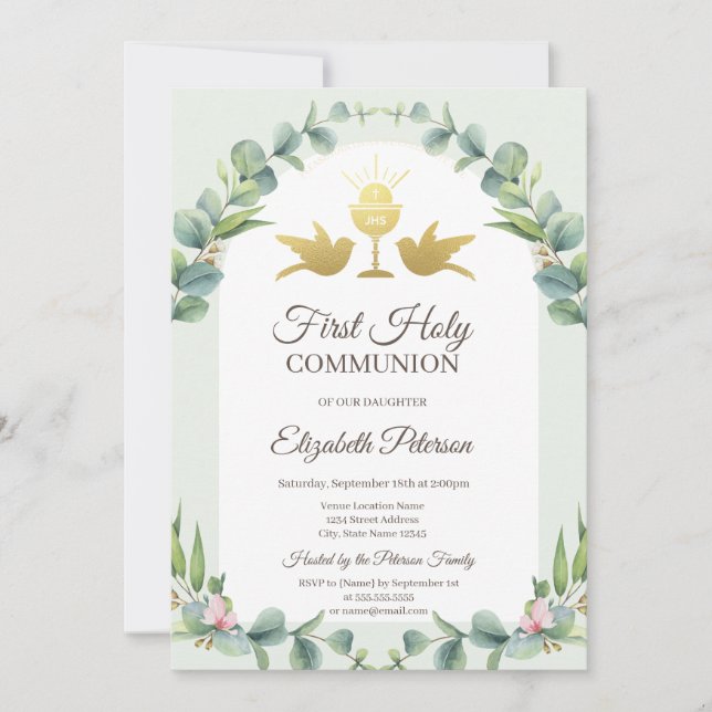 Löv Chalice First Heliga Communion Inbjudningar (Framsida)