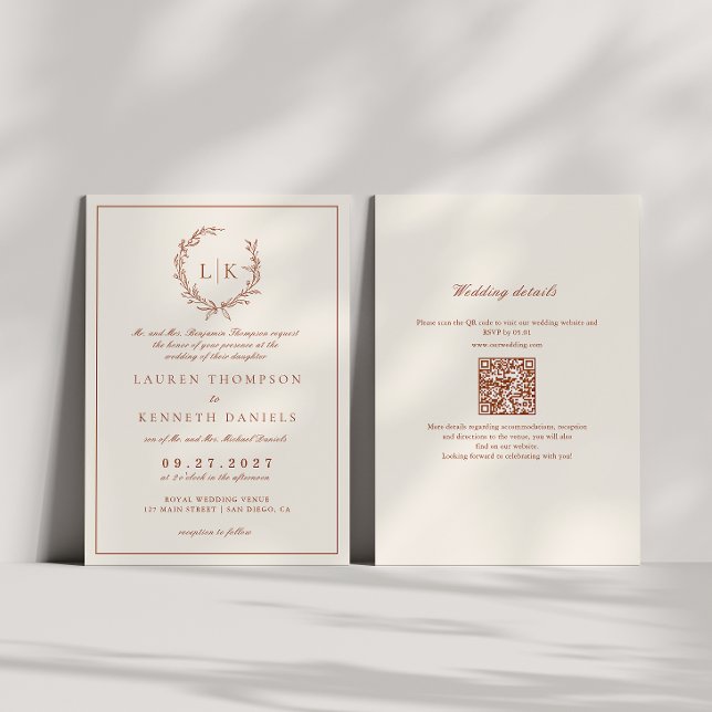 Löv Crest Terrakotta & Crème Qr Code Bröllop Inbjudningar (Skapare uppladdad)
