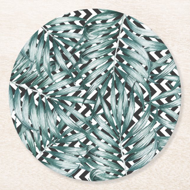 Löv-design för svartvit zig grönt- underlägg papper rund (Framsidan)