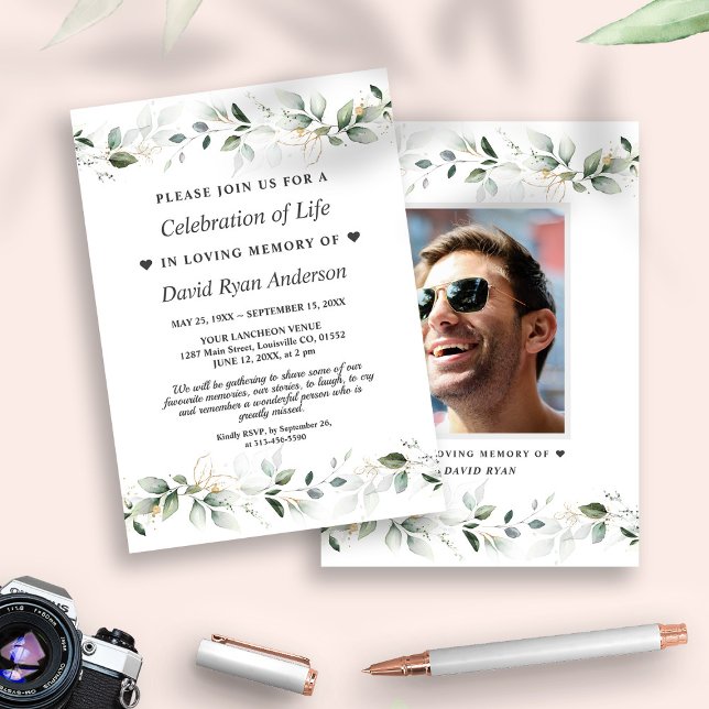 Löv Firande of Life Photo Funeral Memorial Inbjudningar (trendy greenery man celebrating the life invitation, elegant photo celebrating the life invite)
