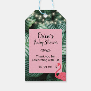 Löv & Flamingo för baby showerfavör tropiska Presentetikett
