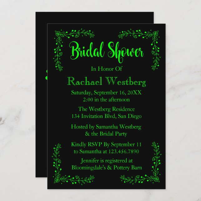 Löv för Blommigt av limgrön och svart Möhippa Inbjudningar (Fram/baksida)