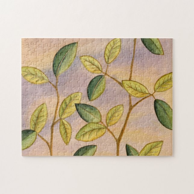 Löv för grönt och Gult på solnedgång Pussel (Horisontell)