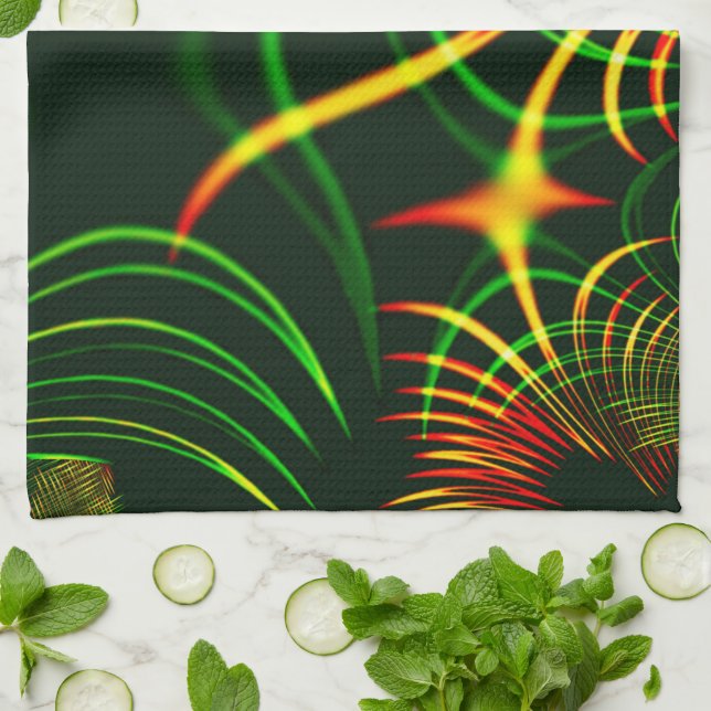 löv för virtuell grönt, gulten "brandfärgad" kurvo kökshandduk (Vikta)