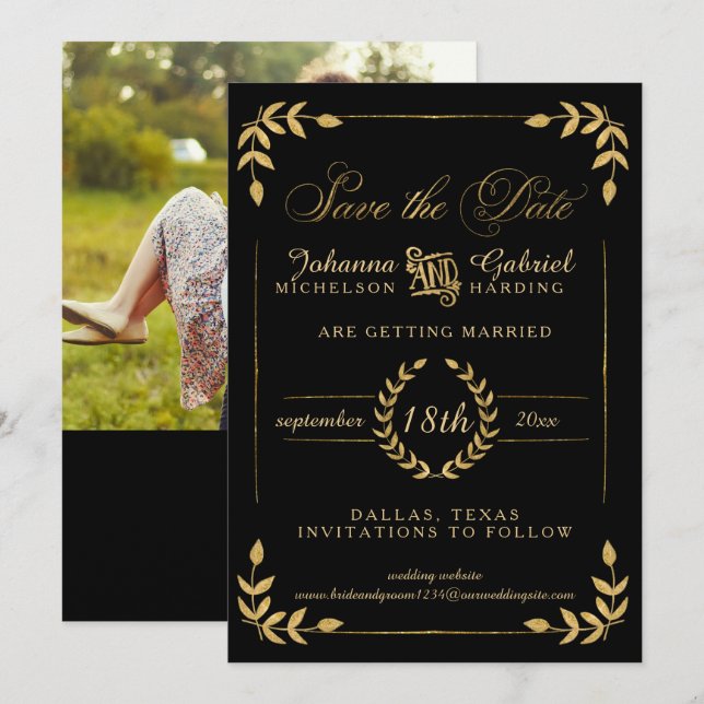 Löv Greenery Guld Black Spara datumfoto Datumet (Fram/baksida)