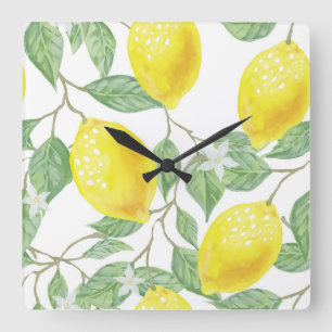 löv-grönt-gult-citronfrukt fyrkantig klocka