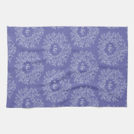 Löv hand plockade monogram blå bröllop kökshandduk