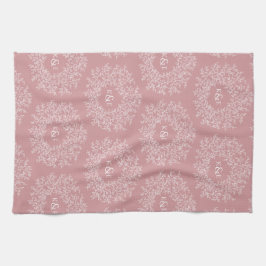 Löv hand plockade monogram rosa bröllop kökshandduk