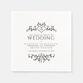 Löv, hjärtkonst monogram svart och vitt bröllop pappersservett