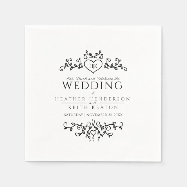 Löv, hjärtkonst monogram svart och vitt bröllop pappersservett (Framsidan)