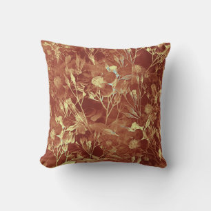 Löv i Bright Guld och Dusty Rosa Orange Flowers Kudde