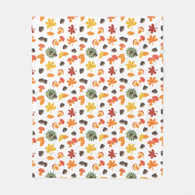 Löv, kastanjer och svampar över hela mönster fleecefilt (Framsidan)