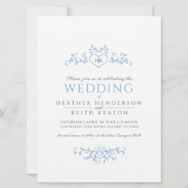 Löv konst hjärta monogram ljusblå bröllop inbjudningar