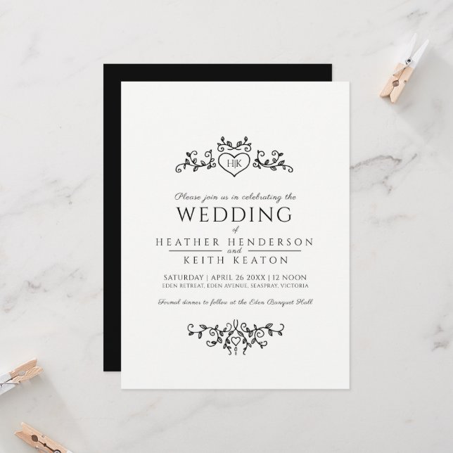Löv konst hjärtmonogram mono bröllop inbjudningar (Fram/Back In Situ)