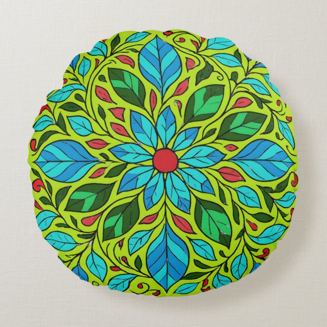 Löv Mandala Design  Rund Kudde (Framsidan)