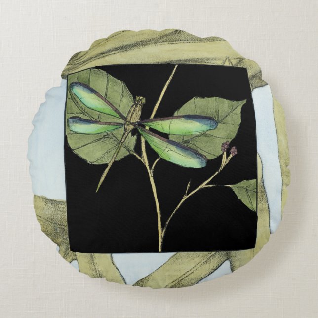 Löv med Dragonfly Inset av Jennifer Goldberger Rund Kudde (Framsidan)