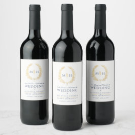 Löv monogram art blue och guld bröllop vin vinflaska etikett