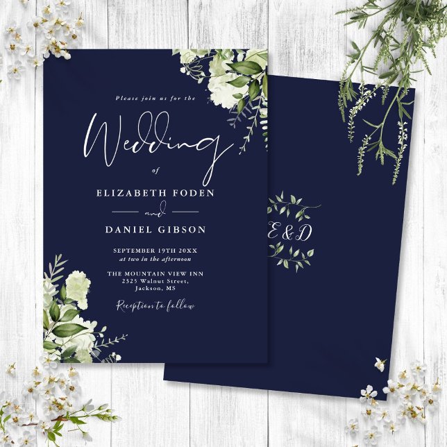 Löv Monogram Bröllop Inbjudningar (Navy Blue Greenery Leaves Monogram Wedding Invitation)
