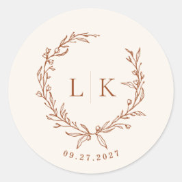Löv Monogram Terracotta Cream Bröllop Runt Klistermärke