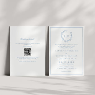 Löv Monogram Vapensköld Dusty Blue QR Code Bröllop Inbjudningar
