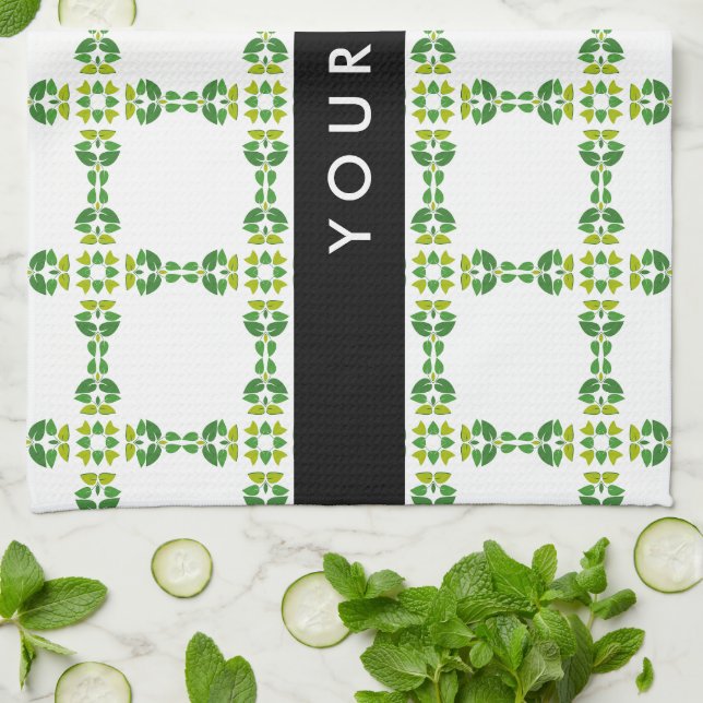 Löv Mönster, Grönt Löv, ditt namn Kökshandduk (Vikta)