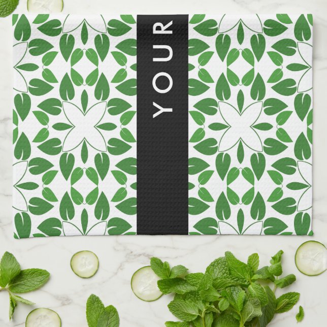 Löv Mönster, Grönt Löv, ditt namn Kökshandduk (Vikta)