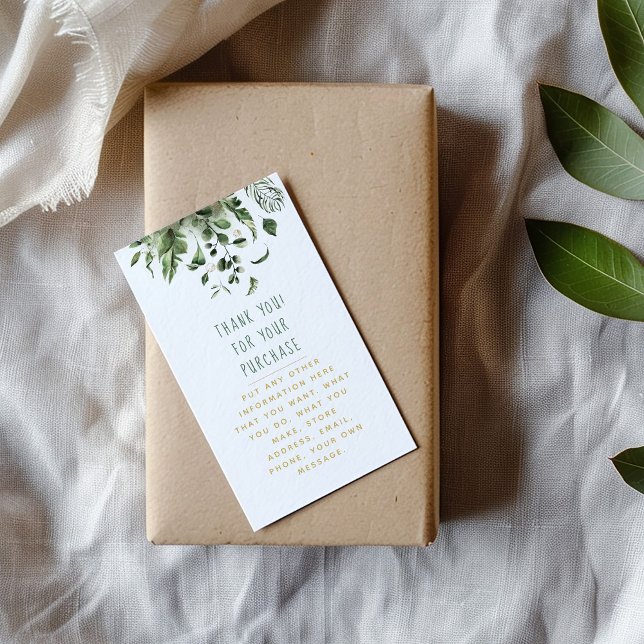 Löv och fabriker för in kort för kundorder. (Leafs and plants with thank you message in green and gold enclosure card.)