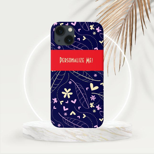 Löv och hjärtsblommor på blå Personlig (Leaves and Heart Flowers with Personalized bar on Dark Blue Background set on Gold Frond Mockup)