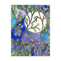 Löv och Måne - Blå vattenfärger