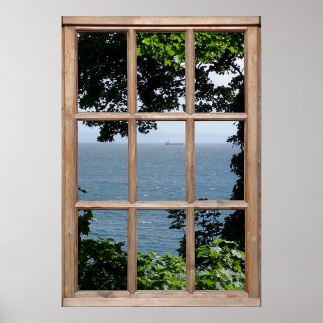 Löv och Sea View Illusion från ett Faux-fönster Poster (Framsidan)