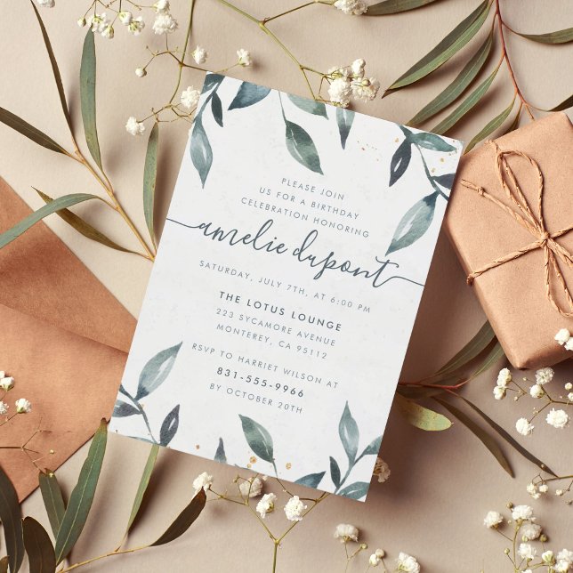 Löv och skript för vattenfärg | Födelsedagsfest av Inbjudningar (Skapare uppladdad)