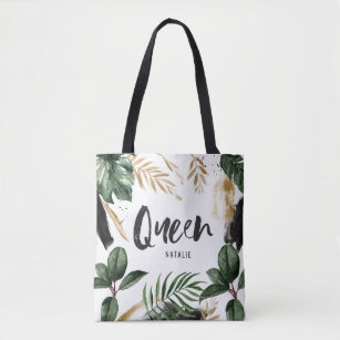 Löv och typografi för drottning tropiskt tygkasse