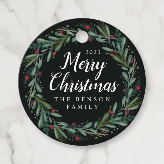 Löv om julkrans Berries Rund Gåvor Etiketter (Framsida)